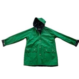 Vintage 80s Green Raincoat Duck Print Hooded Vinyl Jacket M Cottagecore Girlhood